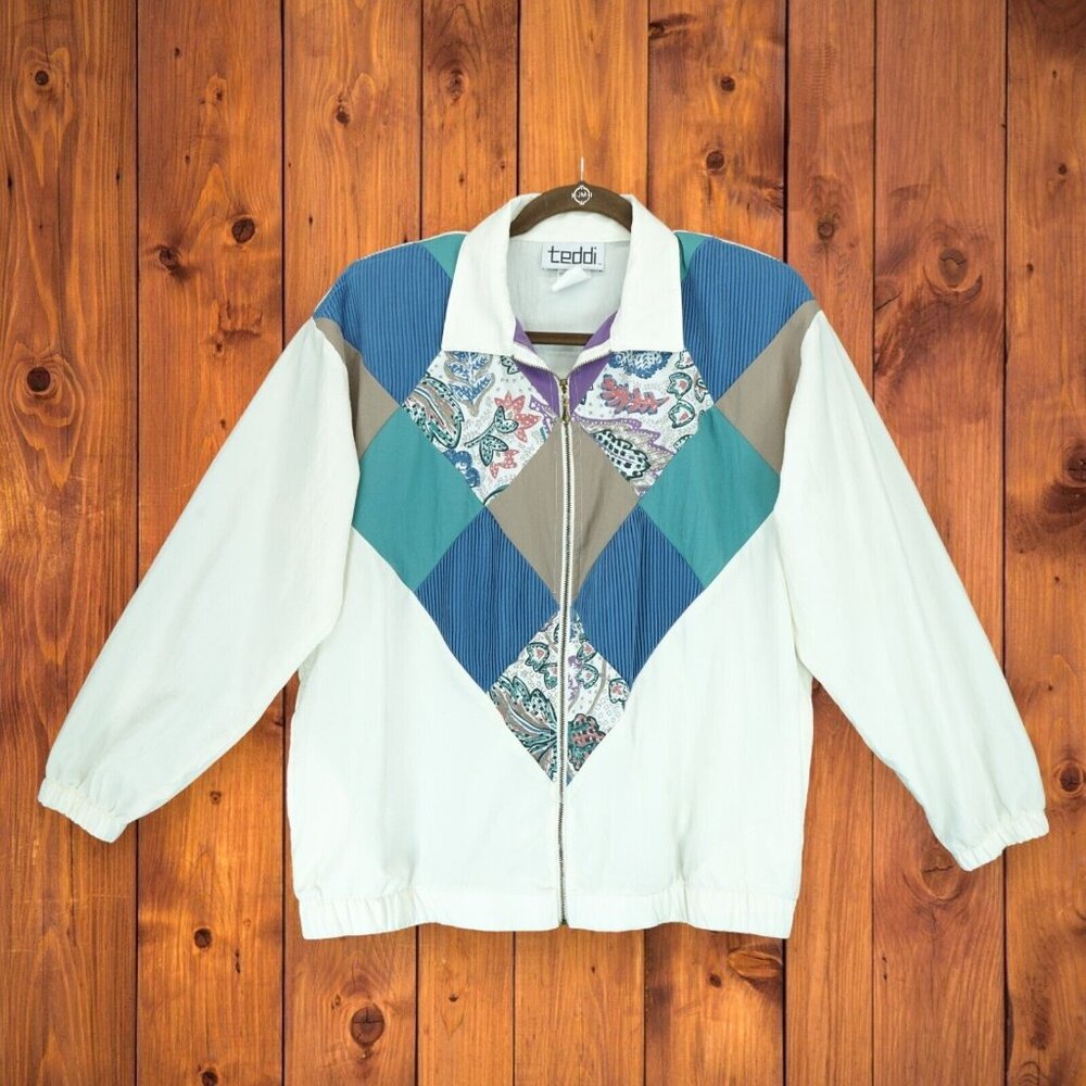 Vintage Women's Jacket Floral Color Block Pattern Sz Medium Full Zip Long Sleeve